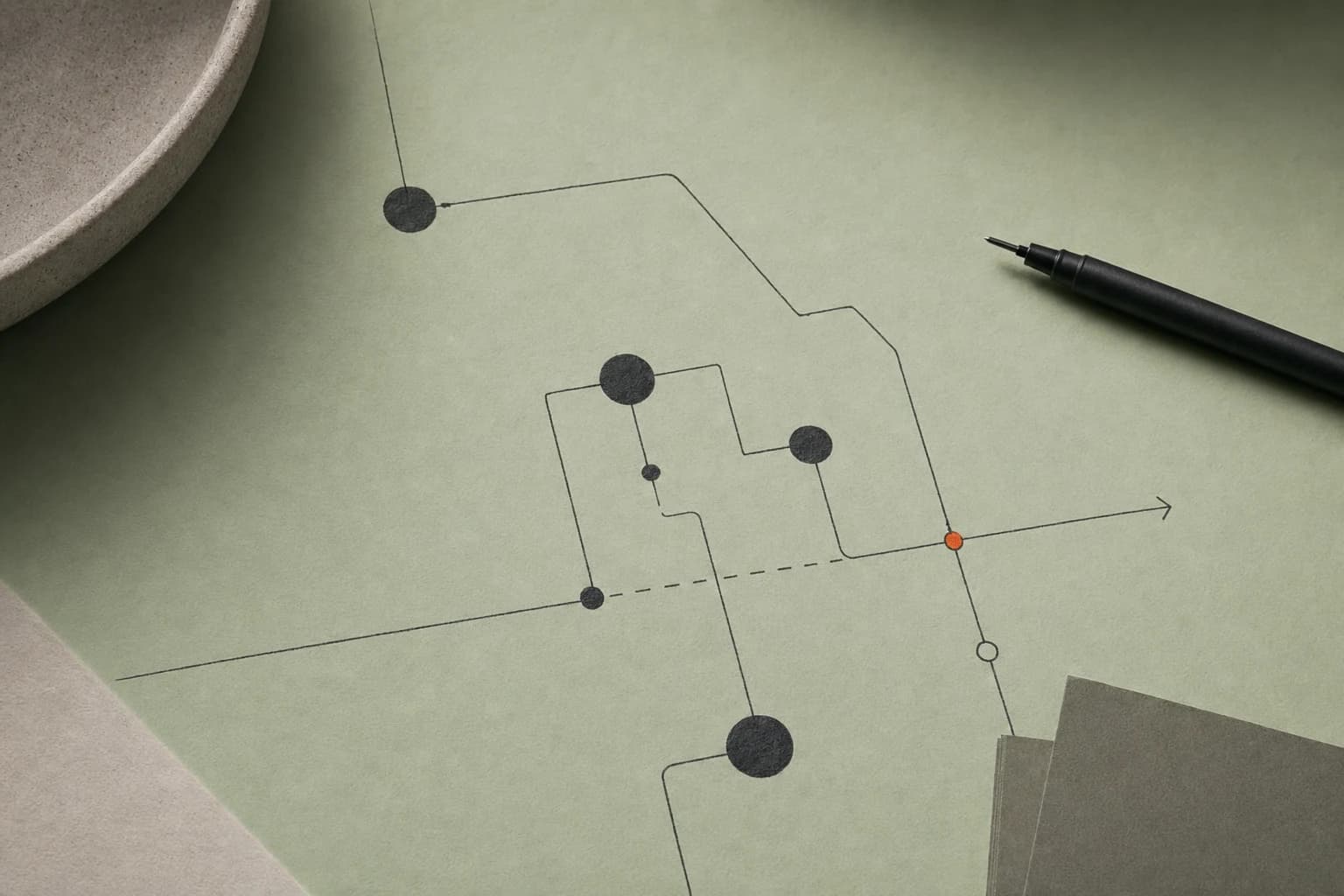 A pale sage workflow map drawn across paper with connected nodes