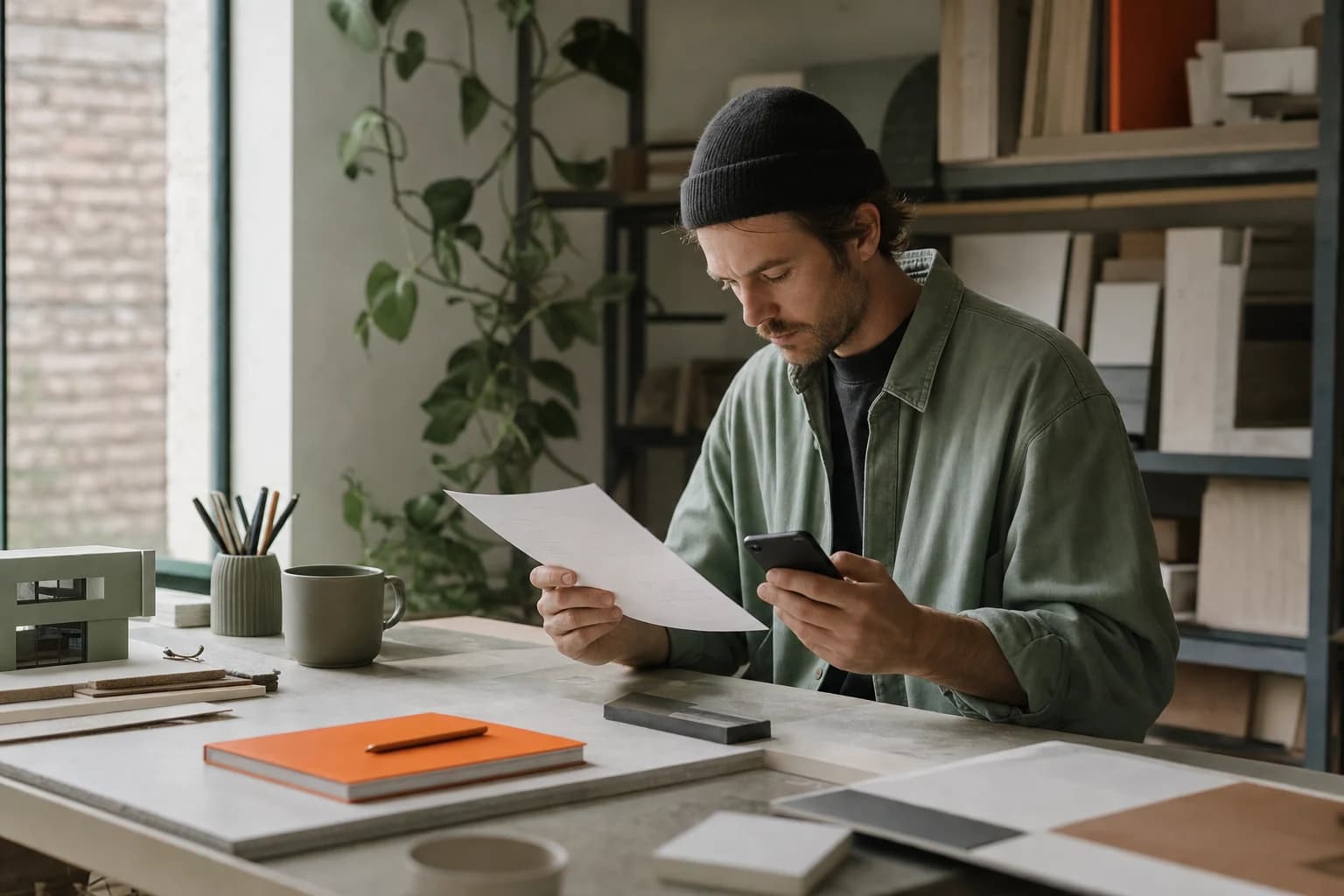 Business owner reviewing an inquiry and phone at a workbench