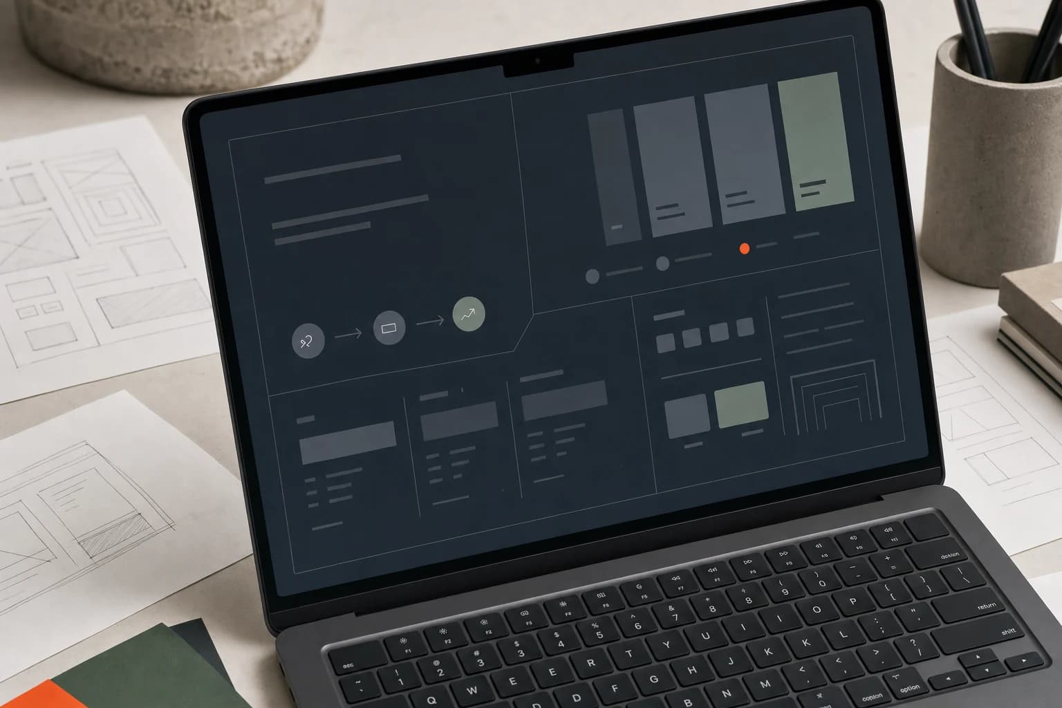 Conceptual landing page and workflow system on a laptop